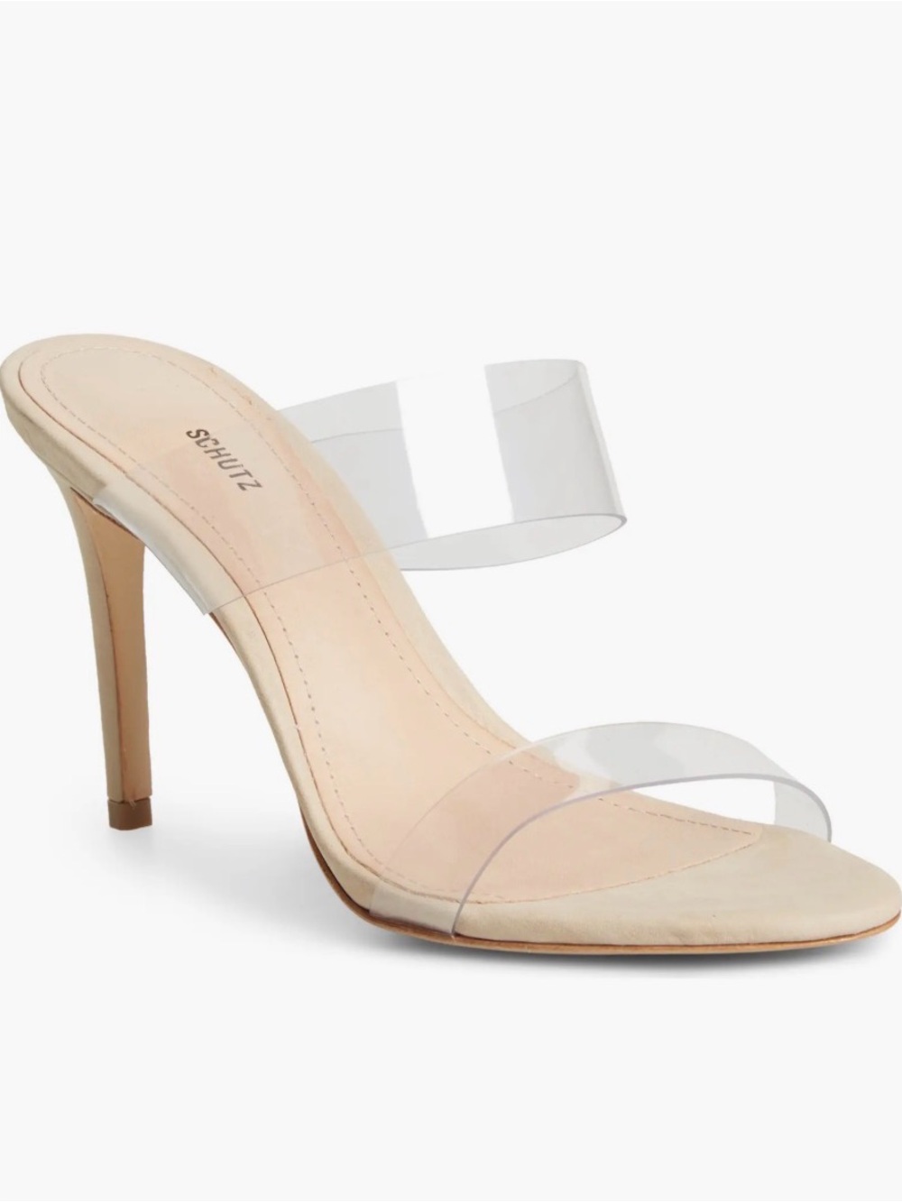 SCHUTZ Ariella Stiletto Sandals 7.5 Vinyl Clear Nude Heels Leather Sole NWT